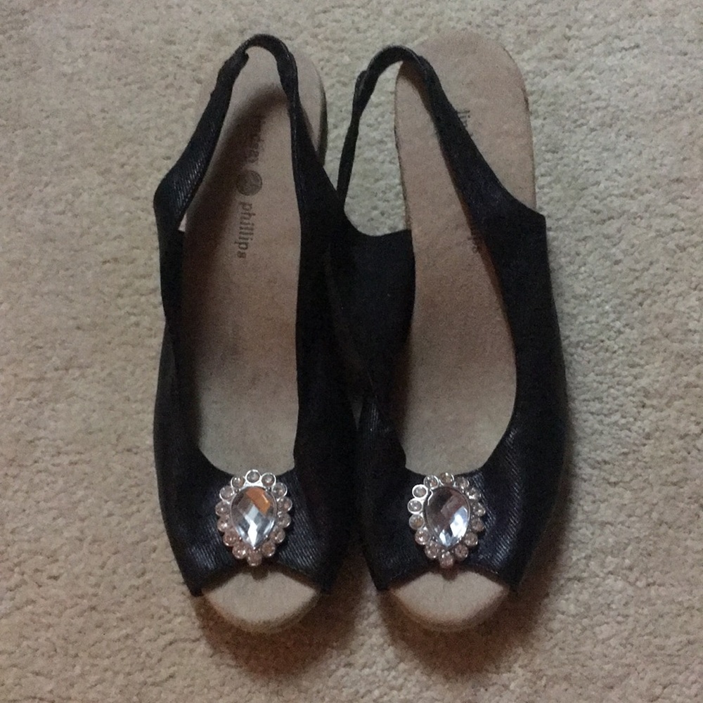 Lindsey Phillips black wedge crystal shoes 8.5